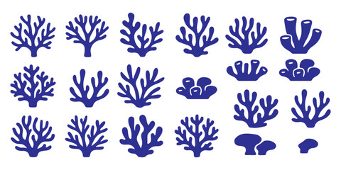 Coral silhouettes, seaweed black icon. Abstract organic corals shape, underwater plant, sea doodle. Cartoon marine floral isolated set  