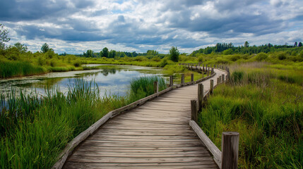 Fototapeta premium Boardwalk Path Over Wetlands - Preserving Ecosystems Through Sustainable Tourism 