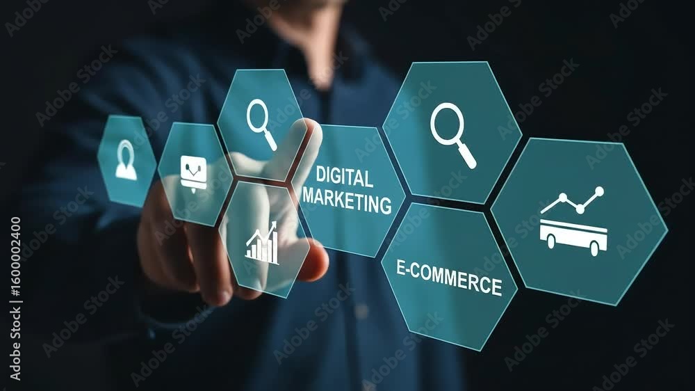 Poster hand interacting with glowing hexagons displaying digital marketing and e-commerce concepts.