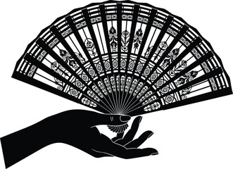Elegant black silhouette of a hand holding a decorative open fan with intricate patterns.
