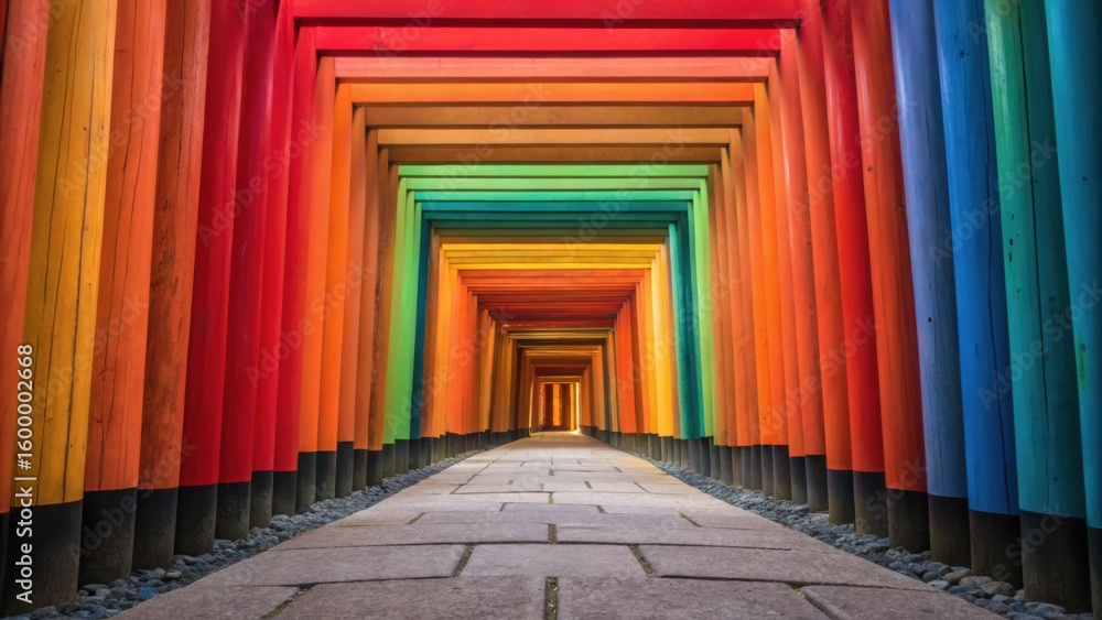 Poster vibrant path lined with colorful wooden pillars leading into a distant light, creating a mesmerizing