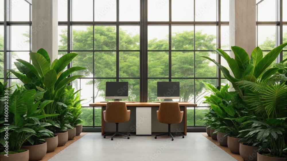 Poster a spacious office with large windows and lush indoor plants, featuring two desks with computers, cre