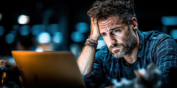 Businessman sits in front of a laptop, overwhelmed with disappointment and sadness after a business failure