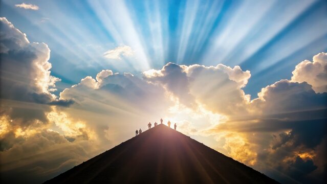 A dramatic scene shows silhouetted figures atop a ridge, illuminated by vibrant rays of sunlight breaking through clouds at sunset.