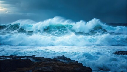 Obraz premium Powerful ocean waves crash against rocky shorelines under a moody sky, creating a dramatic seascape filled with energy and movement.