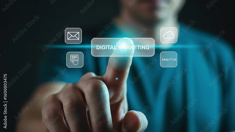 Aufkleber digital marketing concept with a person interacting with virtual interface elements.