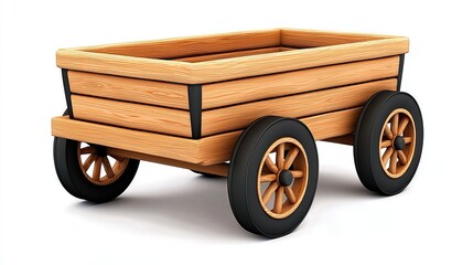 Wooden Cart on White Background Rustic Brown Wood, Black Tires