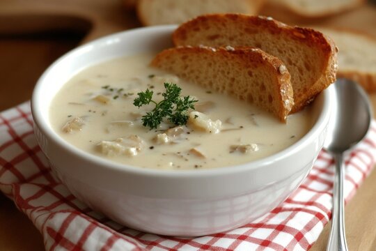 Delicious and creamy clam chowder in a rustic bowl on wooden