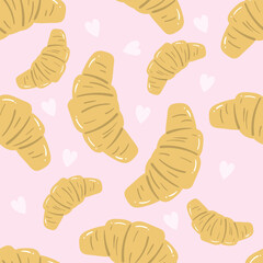 Croissant on a pink background. Food seamless pattern for clothing, fabric, wallpaper, backdrop, home decoration, cover book, and wall art.