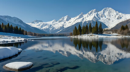 mountain lake reflectionCrystal-clear lake surrounded by snow-capped mountains under a blue sky, full reflection in water, peaceful natural scenery, high resolution