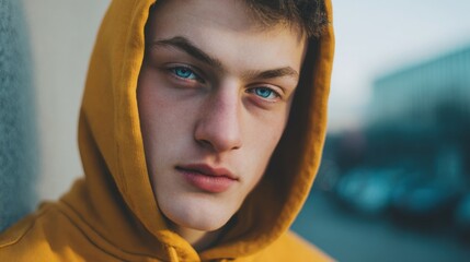 Portrait of a young man with piercing blue eyes wearing a yellow hoodie outdoors.