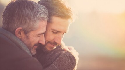 Warm embracing elderly man and young woman sharing tender heartfelt moment outdoors.