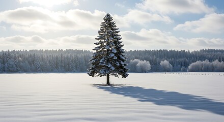 Winter landscape with solitary pine tree in snow covered field on a bright sunny day perfect for backgrounds