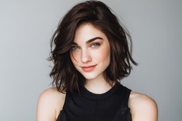 Young woman with shoulder-length wavy brown hair and natural makeup posing in black sleeveless top.
