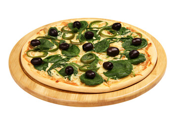 a pizza with spinach olives and cheese