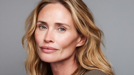 Elegant mature woman with blonde hair and subtle makeup in a close-up portrait.