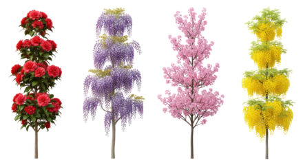 Colorful blooming trees set with transparent background, featuring camellia, wisteria, cherry blossom, and golden shower tree