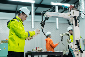 Robotic automatic technician man holding remote checking plan system of automation machine....