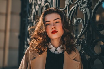 Fototapeta premium Young woman with curly hair wearing stylish coat and makeup outdoors near decorative metal fence.