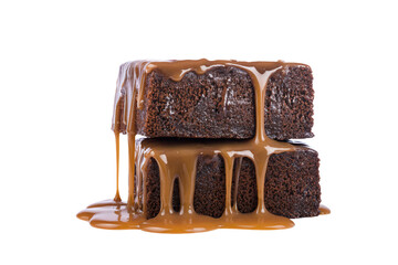 a stack of three brownies covered in caramel