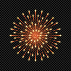 Orange fireworks isolated on transparent background. Bright festive background. Vector illustration.