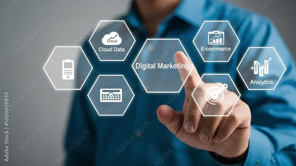 Poster man interacts with digital icons representing modern business strategies and data analysis.