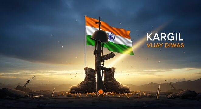 Kargil Vijay Diwas Memorial with Flag and Sunset Background