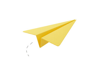 Isolated Yellow Paper Airplane with Dotted Flight Path