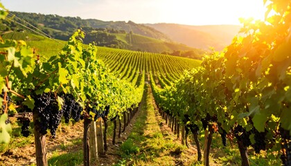 Vineyard rows stretching into golden sunset