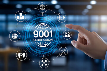 Businessman interacting with transparent digital screen displaying ISO 9001 Quality Management System, ISO 9001 certified businesses, ISO certification, quality management system, ISo9001