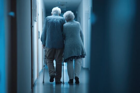 senior couple with walker in data center hallway