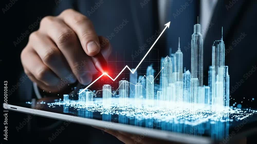 Poster analyzing upward trends on a digital display with city skyline visualization for growth.