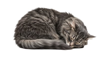 Gray tabby cat curled up in a sleep position.