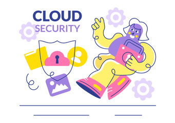 Digital Cloud Security Vector Illustration Featuring Safety and Data Protection for Networks, Internet, Hosting, and Backup Servers in a Technological