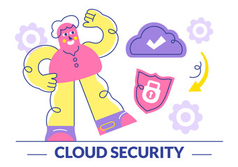Digital Cloud Security Vector Illustration Featuring Safety and Data Protection for Networks, Internet, Hosting, and Backup Servers in a Technological