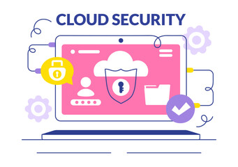 Digital Cloud Security Vector Illustration Featuring Safety and Data Protection for Networks, Internet, Hosting, and Backup Servers in a Technological