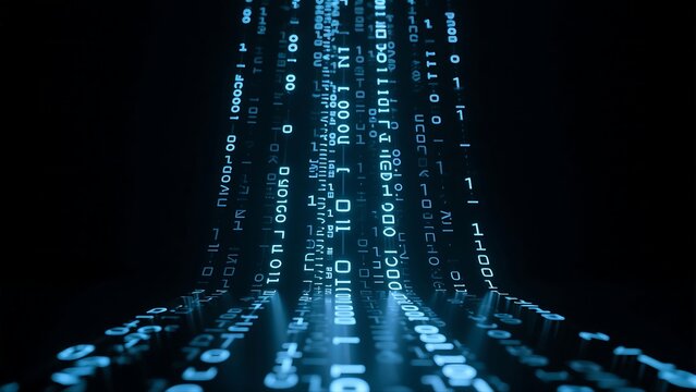 Vertical streams of digital code and symbols descending on black-blue background