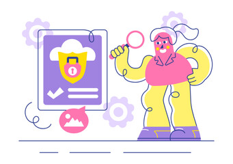 Digital Cloud Security Vector Illustration Featuring Safety and Data Protection for Networks, Internet, Hosting, and Backup Servers in a Technological