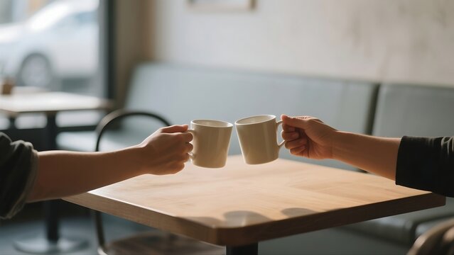 Two mugs clinking on cafe table, friendship day