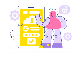 Digital Cloud Security Vector Illustration Featuring Safety and Data Protection for Networks, Internet, Hosting, and Backup Servers in a Technological