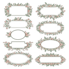 A set of 8 elegant blank labels with flat vector floral borders featuring delicate flowers and leaves in soft pastel tones (sage green, dusty pink, cream)
