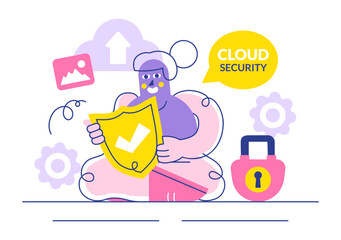 Digital Cloud Security Vector Illustration Featuring Safety and Data Protection for Networks, Internet, Hosting, and Backup Servers in a Technological