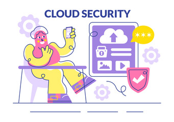 Digital Cloud Security Vector Illustration Featuring Safety and Data Protection for Networks, Internet, Hosting, and Backup Servers in a Technological