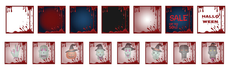  Vintage-style Vector Set of Halloween square frame elements with dripping blood borders, spooky backgrounds, scary characters, and sale text. Perfect for social media or design use, seasonal party. 