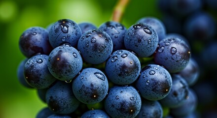 Close up of fresh blue grapes with water droplets on the surface perfect for wine making and agricultural concepts healthy eating