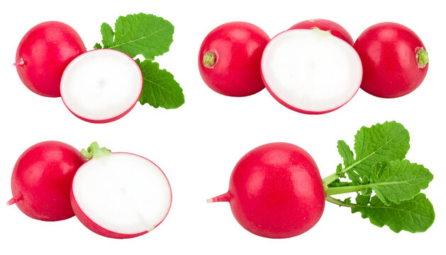 Freshly Cut Radishes with Vibrant Green Leaves, Displayed in Various Arrangements.