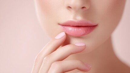 Obraz premium Close-up of a woman's face with soft pink lips and well-groomed fingers Touching her chin.