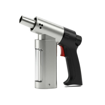 Compact, modern butane micro-torch with brushed metallic silver finish, matte black accents, and visible fuel on transparent studio background, concept of precision utility