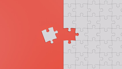 A White Jigsaw Laid on a Red Background with a Missing Piece Moved Away, Vertical