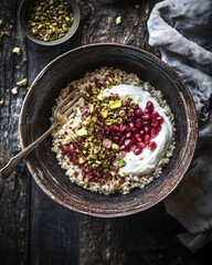 fluffy quinoa in bowl with ruby-red pomegranate seeds, crushed pistachios, and creamy natural yogurt on dark wood  background with shadow.